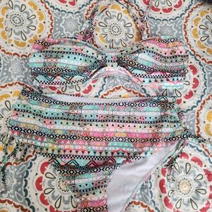 Zaful Multicolor Aztec Print Bandeau Bikini with High-Waist Ties